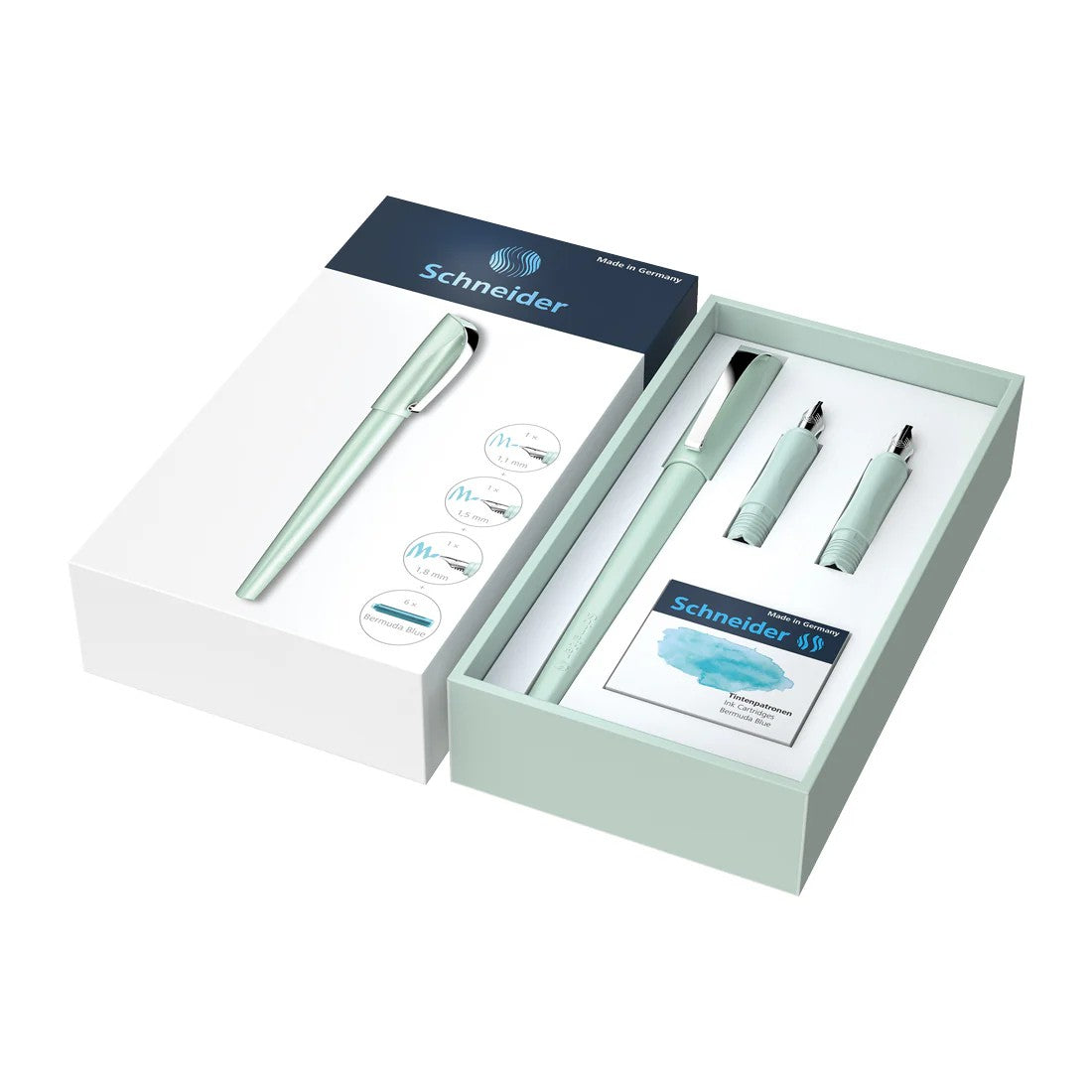 SCHNEIDER CALLISSIMA MINT GIFT SET, CALLIGRAPHY FOUTAIN PEN, BERMUDA BLUE INK CARTRIDGE
