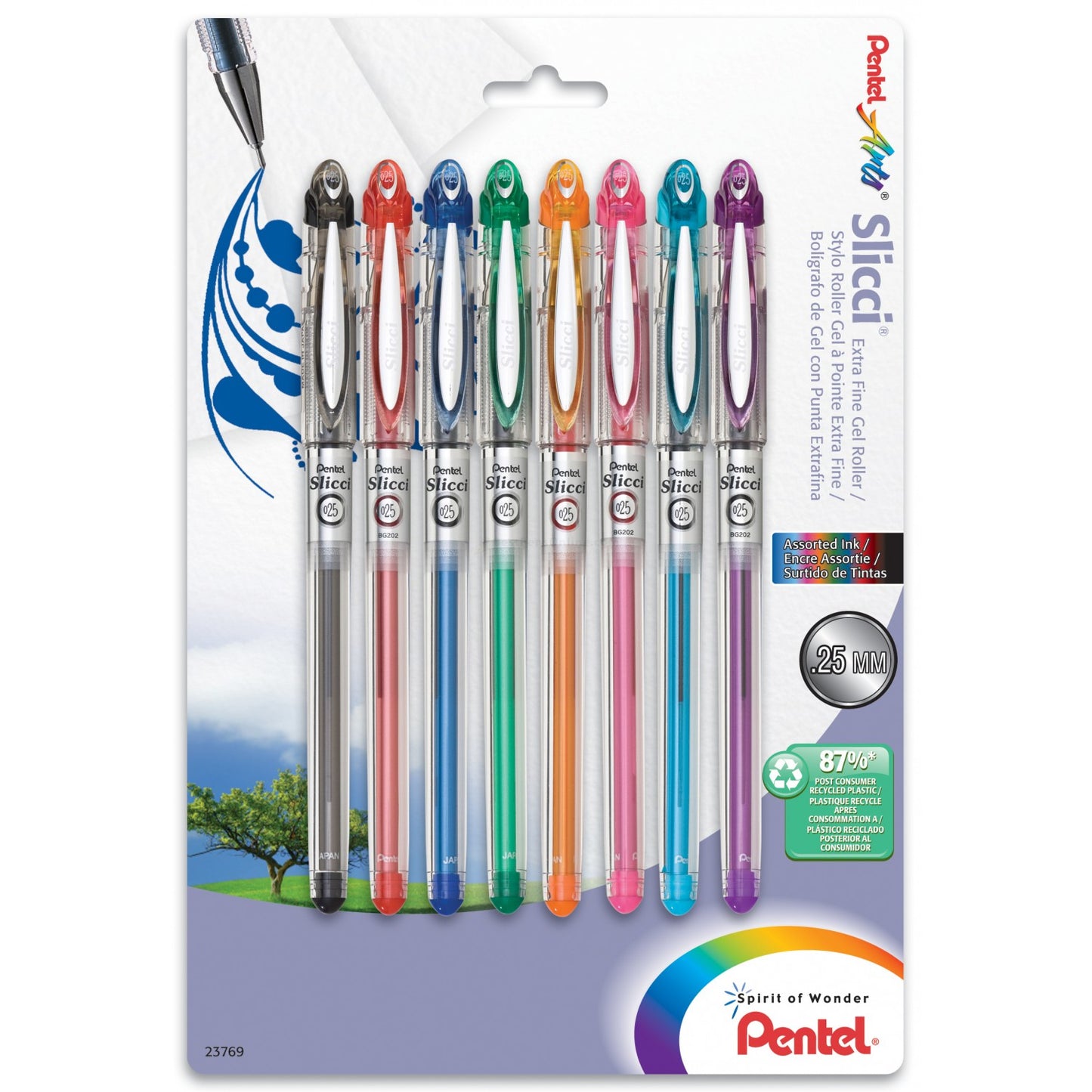 Pentel Slicci Extra Fine Gel Roller, 8/Pk Assort