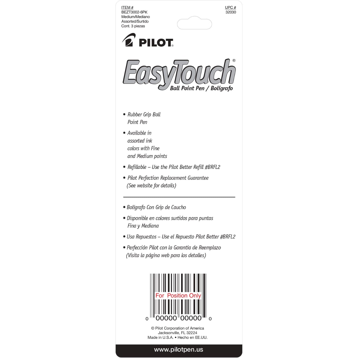 Pilot 32030 EZT Easy Touch Ball-Point Pen, Medium, 3pk