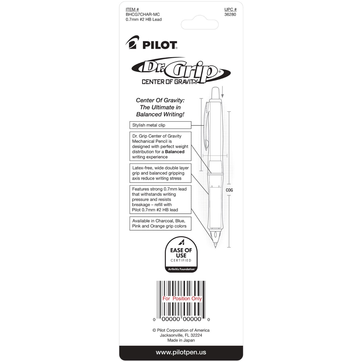 Pilot 36280 Dr. Grip Center of Gravity 0.7mm Mechanical Pencil Charcoal Gray Barrel