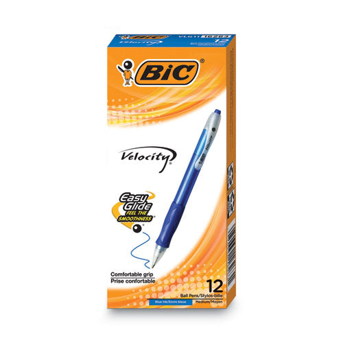 BIC Velocity Easy Glide Ballpoint Pen, Retractable, Medium 1 Mm, Blue Ink, Translucent Blue Barrel, Dozen