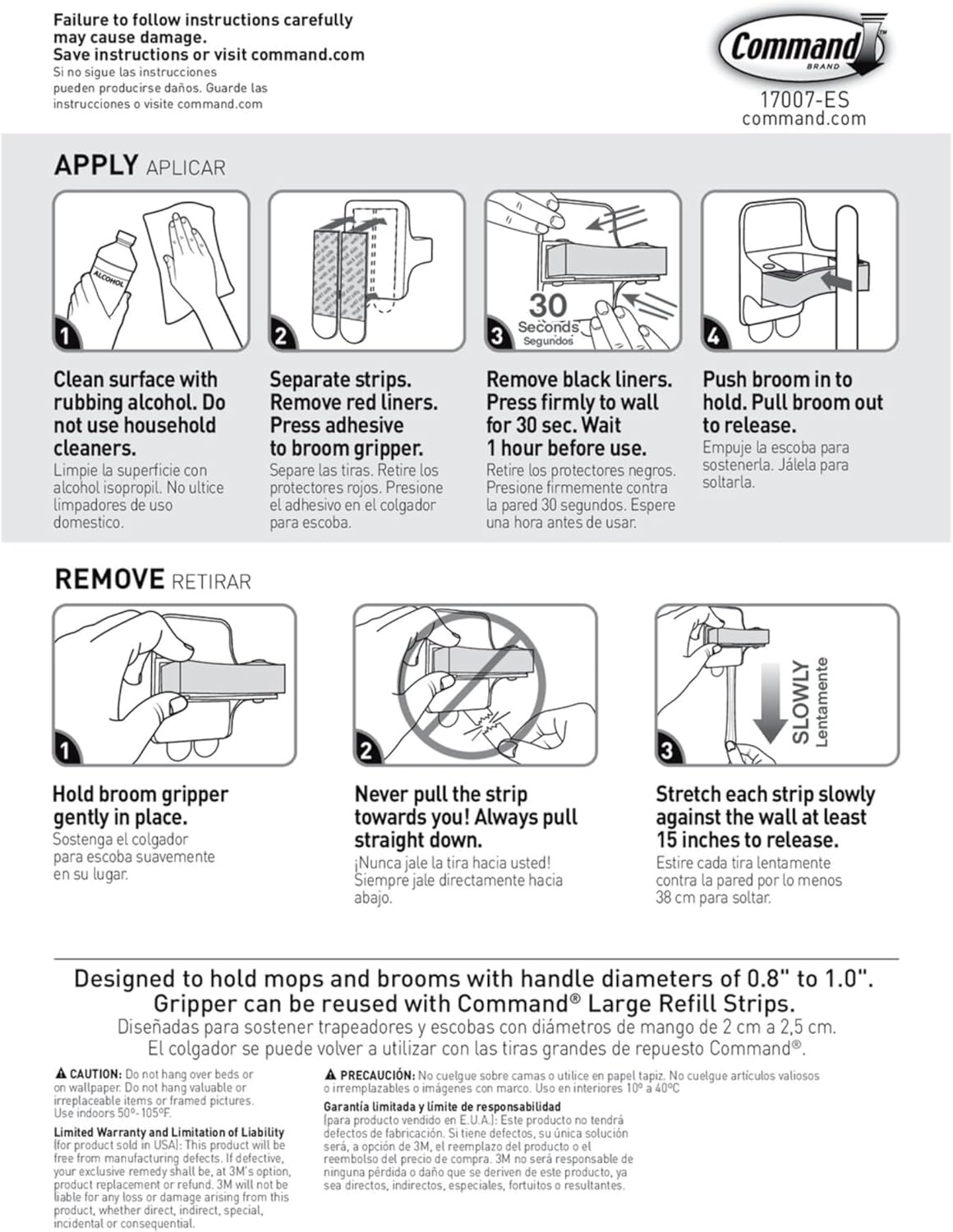 3M 17007-3NA Command Broom Gripper, 3 Grippers, 6 Large Strip