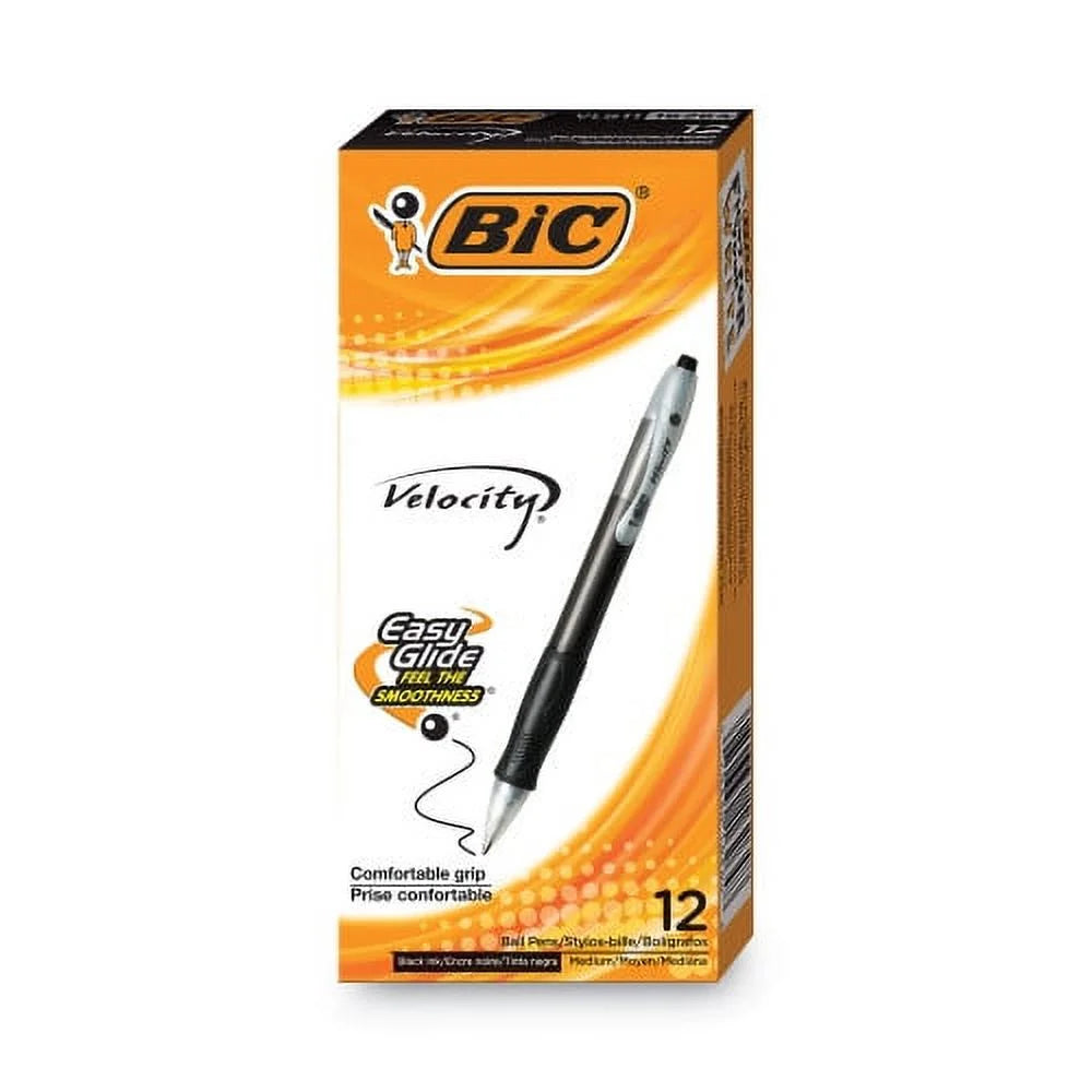 BIC Velocity Easy Glide Ballpoint Pen, Retractable, Medium 1 Mm, Black Dozen