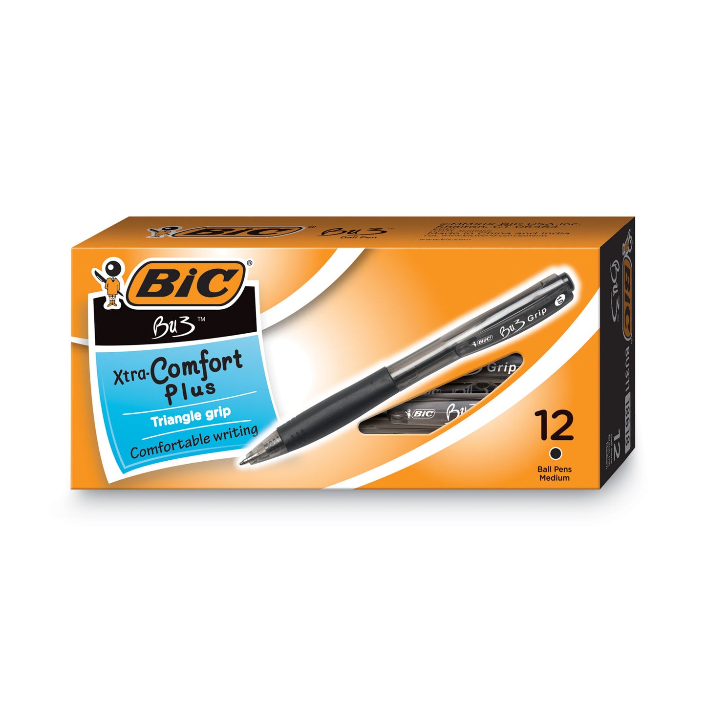 BIC BU3 Retractable Ballpoint Pen Grip Med Point (1.0mm) Black, Dozen Box