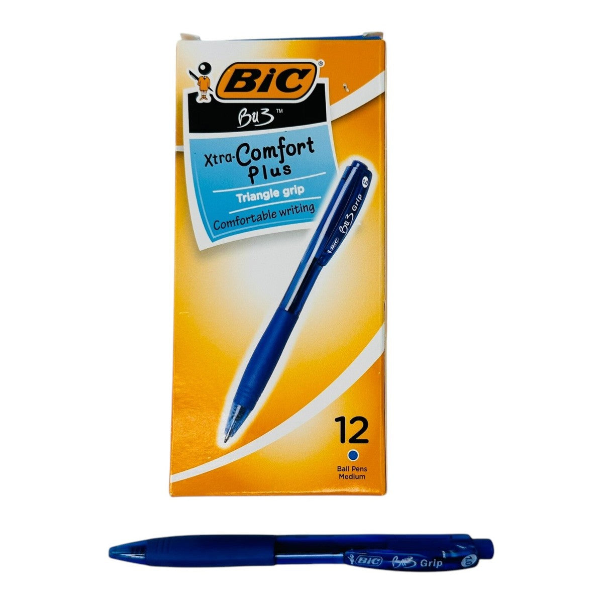BIC BU3 Retractable Ballpoint Pen Grip Med Point (1.0mm) Blue, Dozen Box