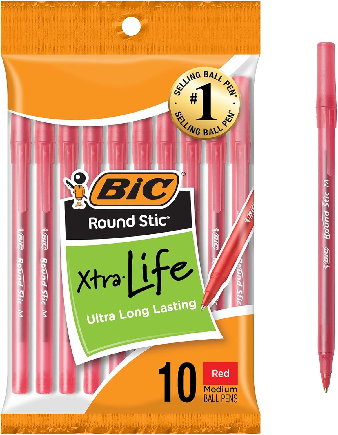 BIC Round Stic Xtra Life Ballpoint Pens, Medium Point (1.0mm), Red 10-Count