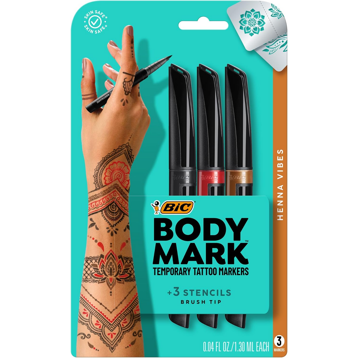 BIC BodyMark Tattoo Marker Henna 3-Pack Blister Henna (Black, Brown, Red)