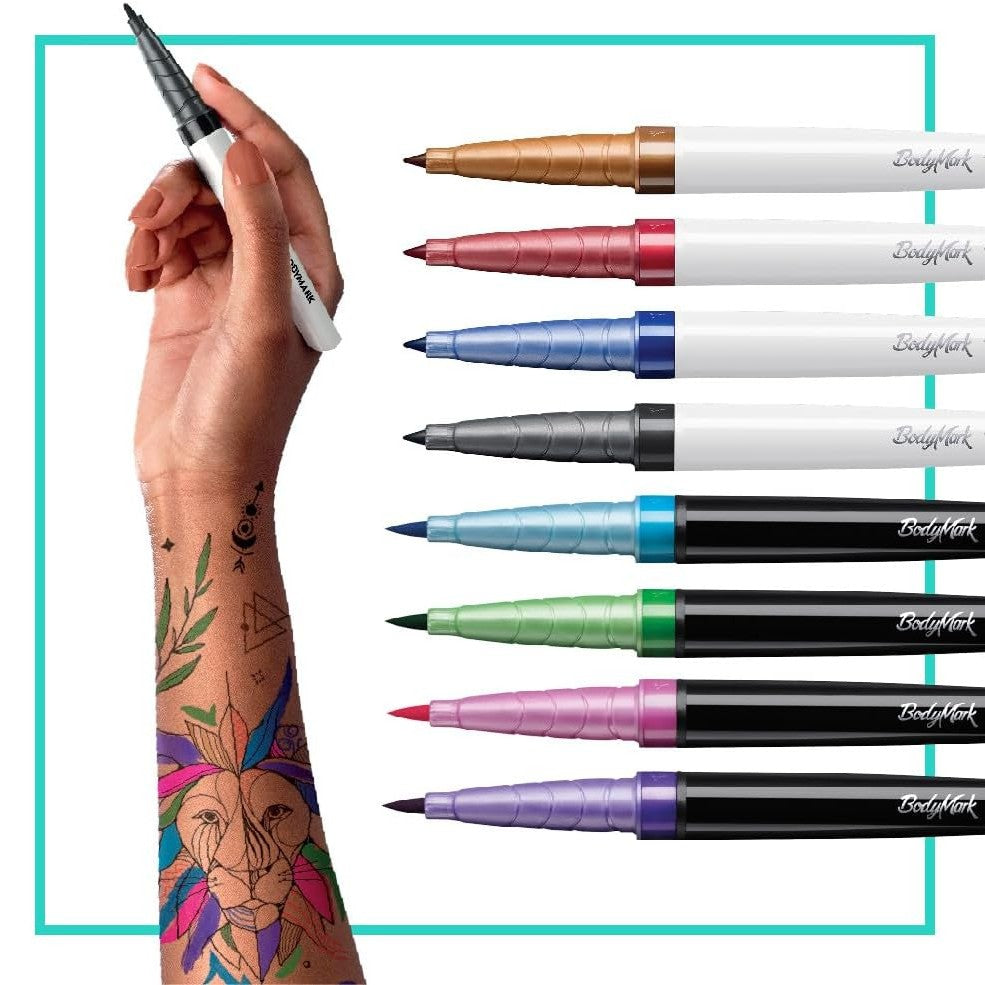BIC Body Mark Tattoo Marker Mixed 8-Pack Blister
Contents: 4 brush tip (green, light blue, pink, purple), 4 fine tip (black, blue, brown and red) and one stencil sheet