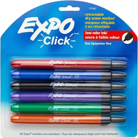 Expo 1751667 Click Dry Erase Markers Fine Tip Assorted 6/Set