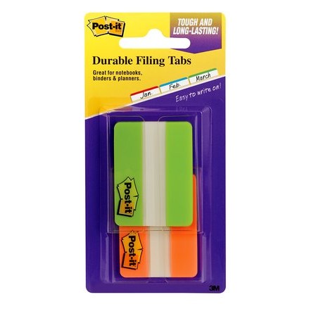 3M 686-2GO Post-it Durable Tabs, 2 in. x 1.5 in. Fluorescent Green, Orange 22 sht/pd 2pd/pk 24pd/cs