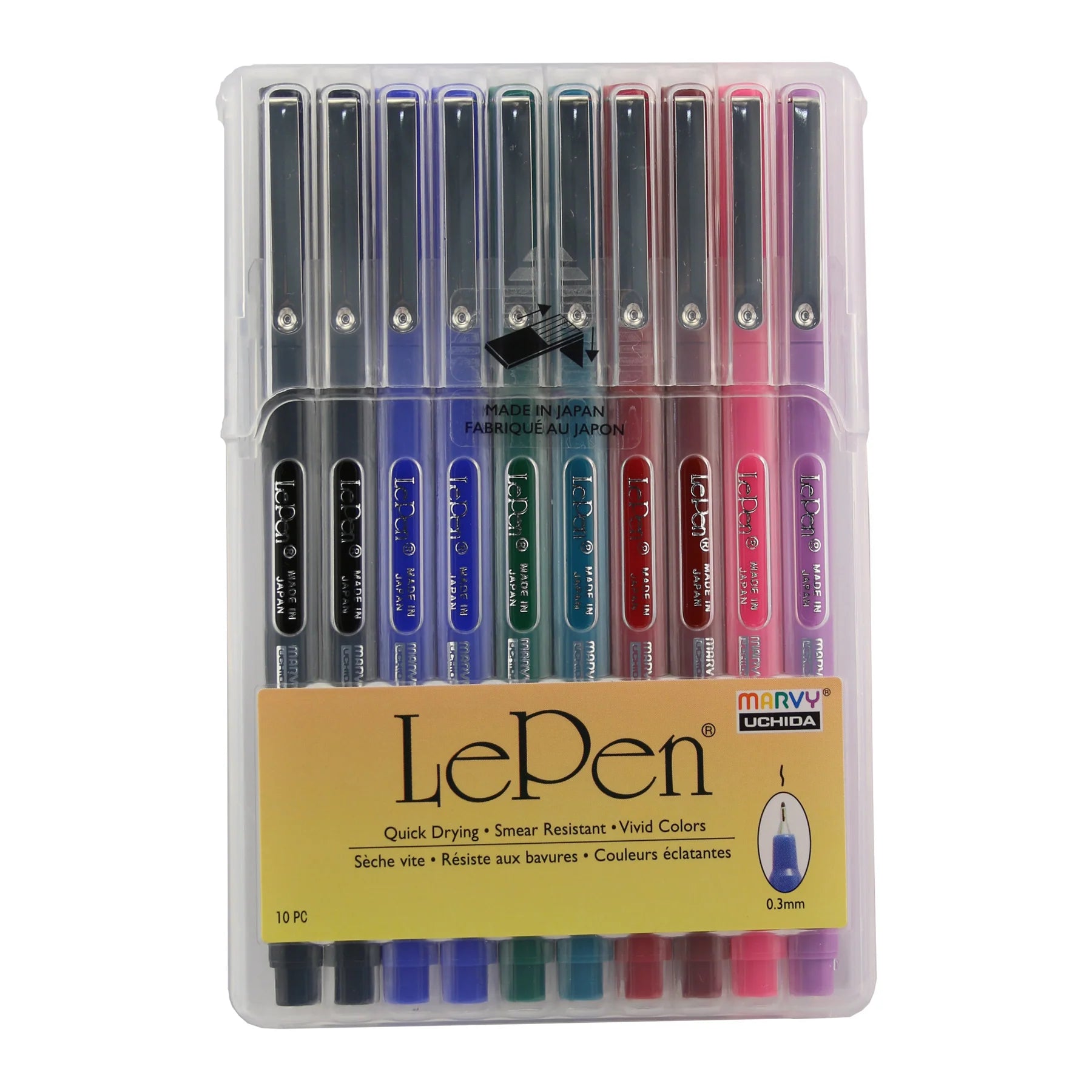 A set of 10 Marvy Le Pen markers with a 0.3mm tip, displayed in a clear plastic case.