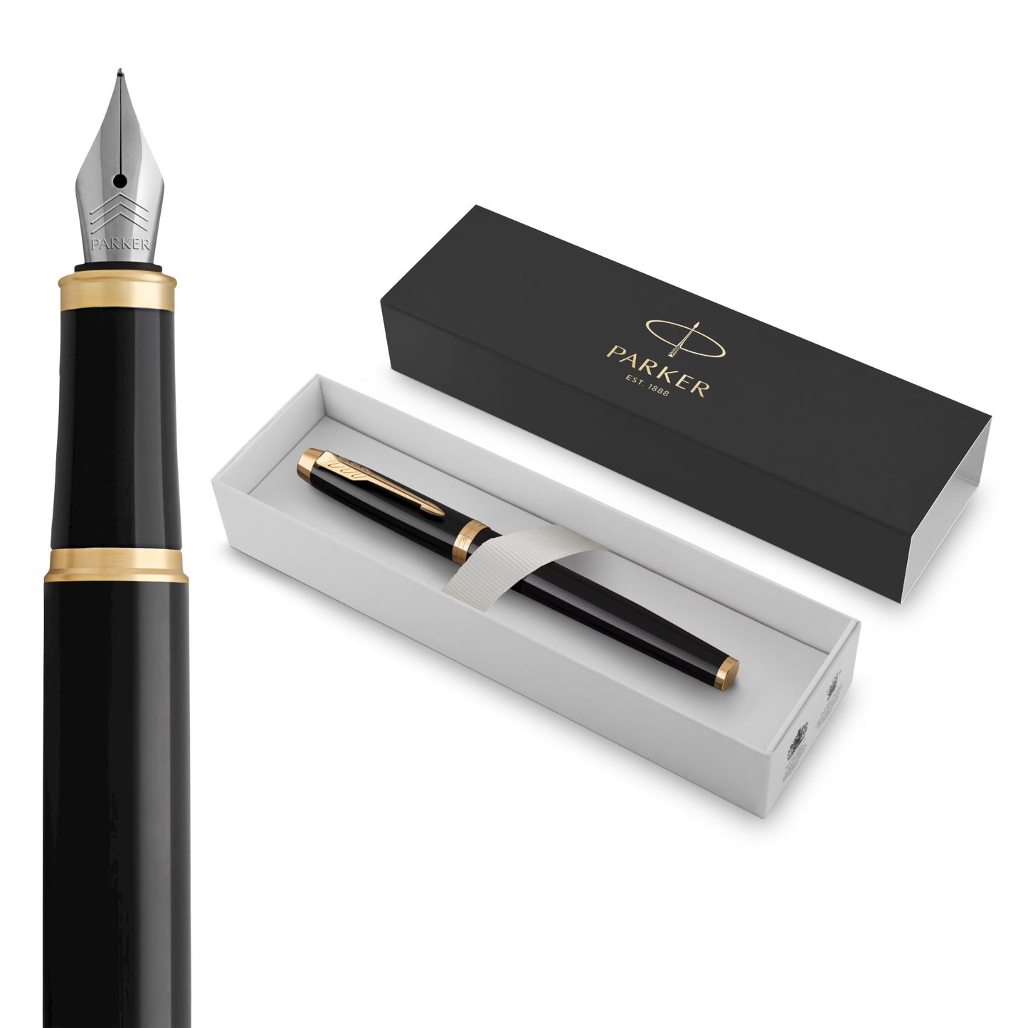 Parker 1931645 IM Fountain Pen, Black Lacquer Gold Trim, Fine Nib with Blue Ink Refill