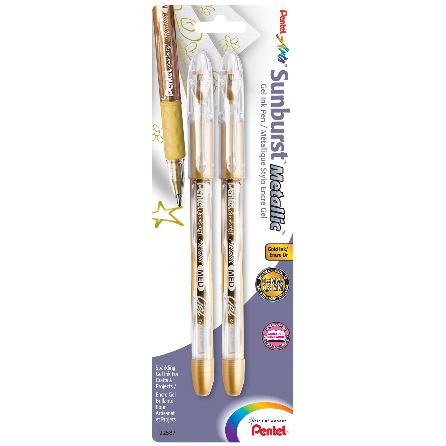 Pentel K908BP2X Arts Sunburst Metallic Gel Pen, Medium Line, Permanent, Gold Ink 2-Pk