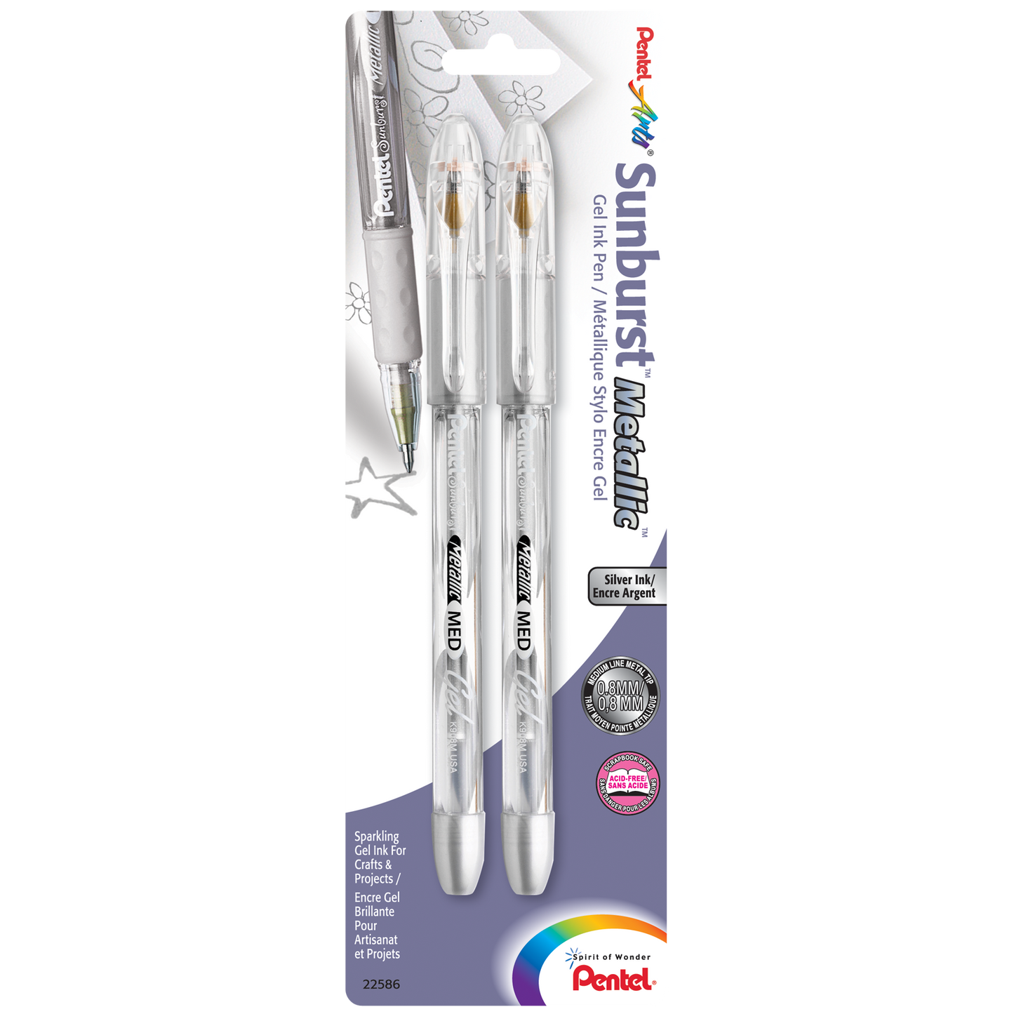 Pentel Arts Sunburst Metallic Gel Pen, Medium Line, Permanent, Silver Ink 2-Pk