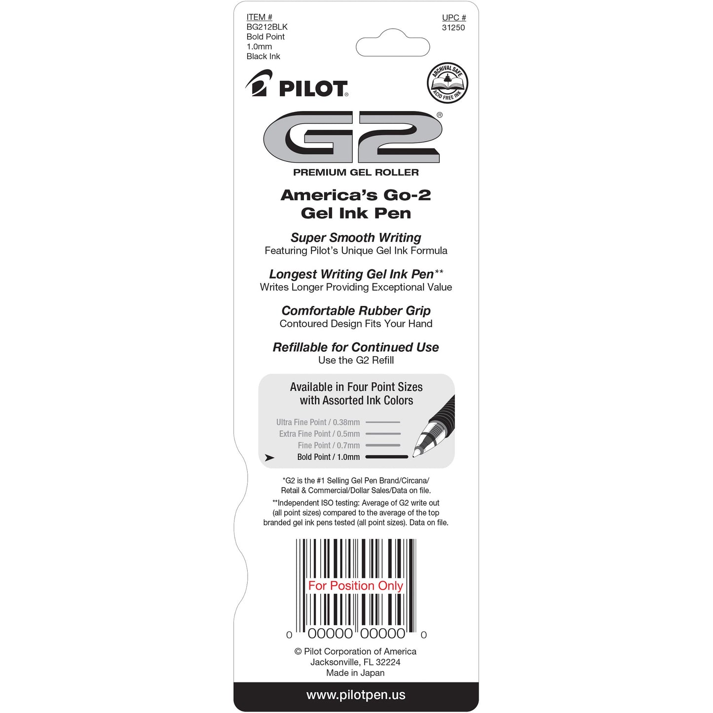 Pilot 31250 G2-1 Retractable Gel Rollerball, Bold, Black 2pk