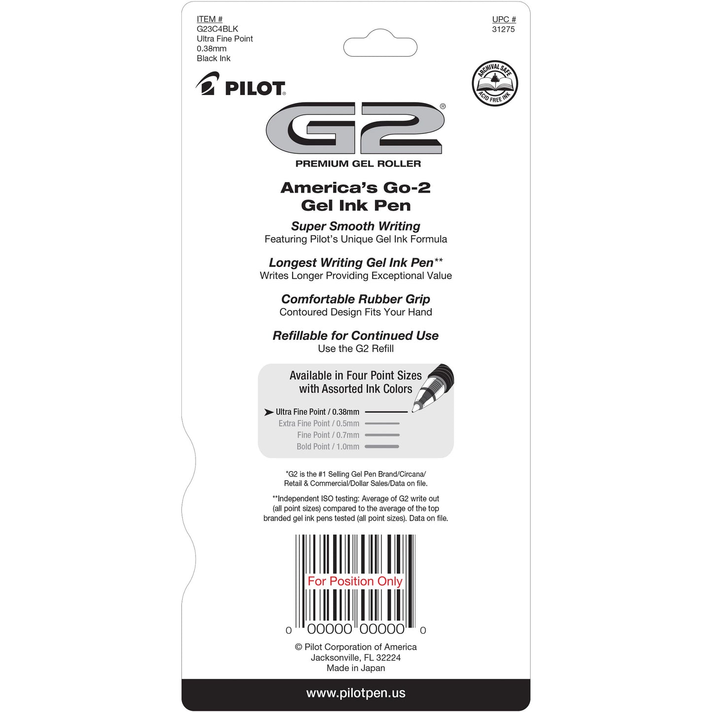 Pilot 31275 G2-3 Ultra Fine (Black) 4 Pack
