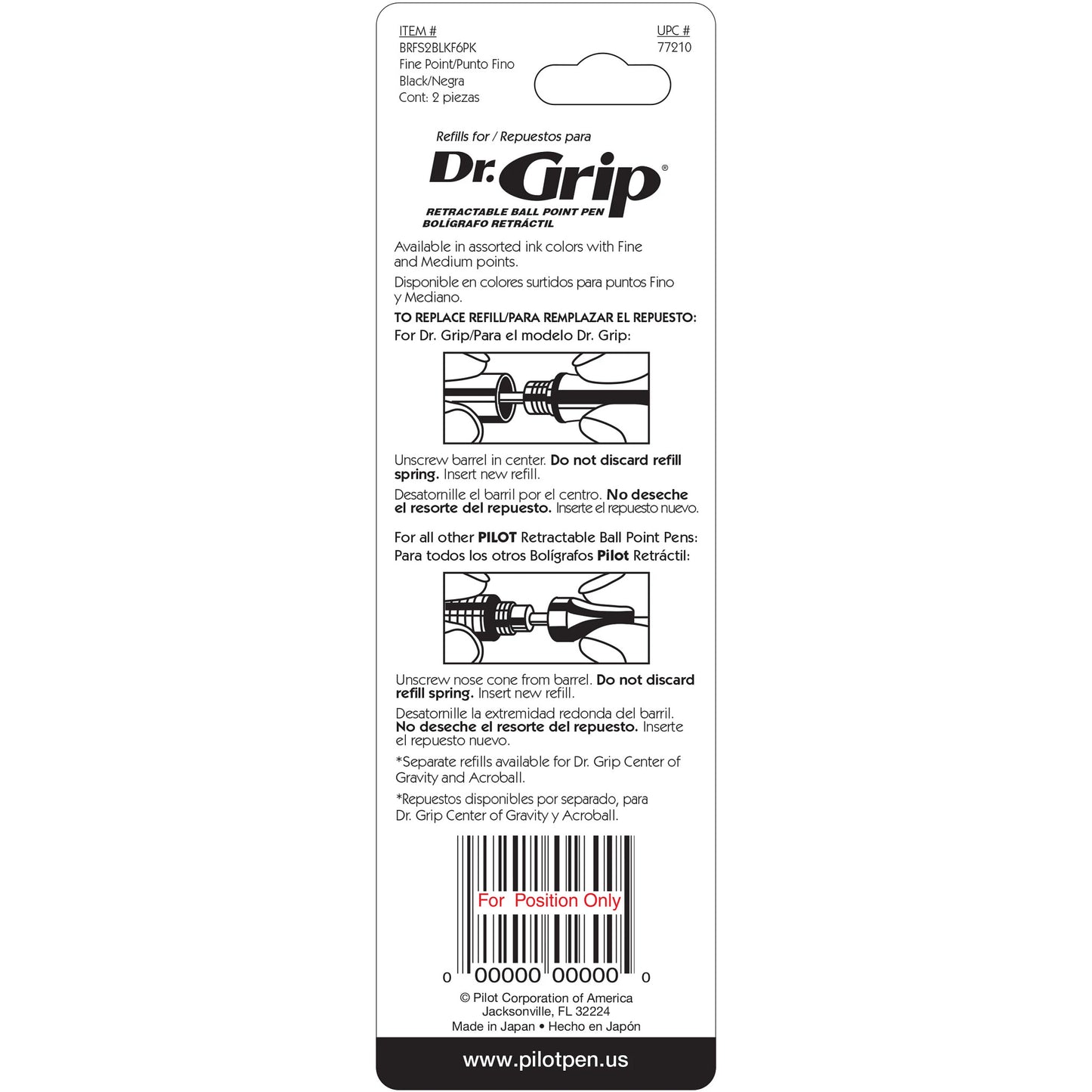 Pilot 77210 BRFS2 Dr. Grip Retractable Ball-Point Refill, Fine, Black