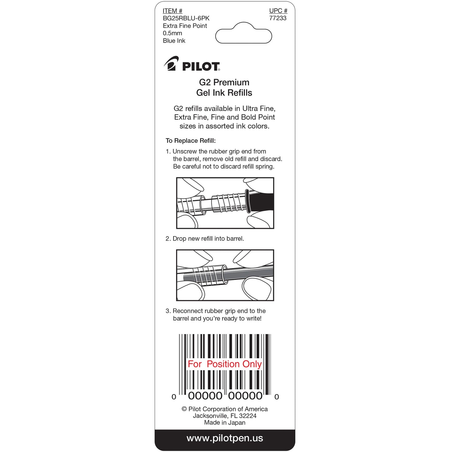 Pilot 77233 BG25R G2 Gel Ink Refills, Extra Fine, Blue