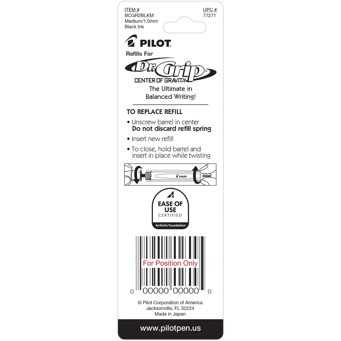 Pilot 77271 BCGR2 Dr Grip Center of Gravity Refill Med, Black, 2/pk