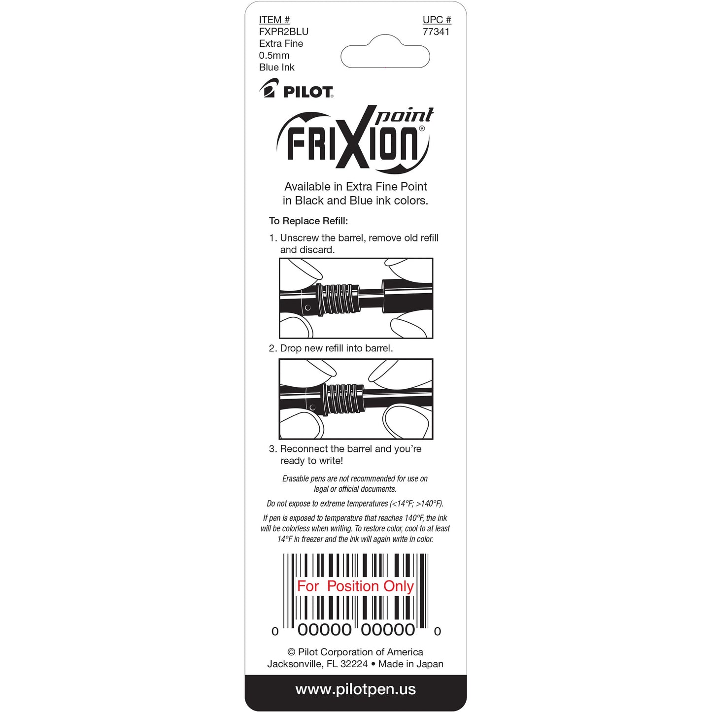 Pilot 77341 FriXion Refill, XF Point, Blue, 2pk