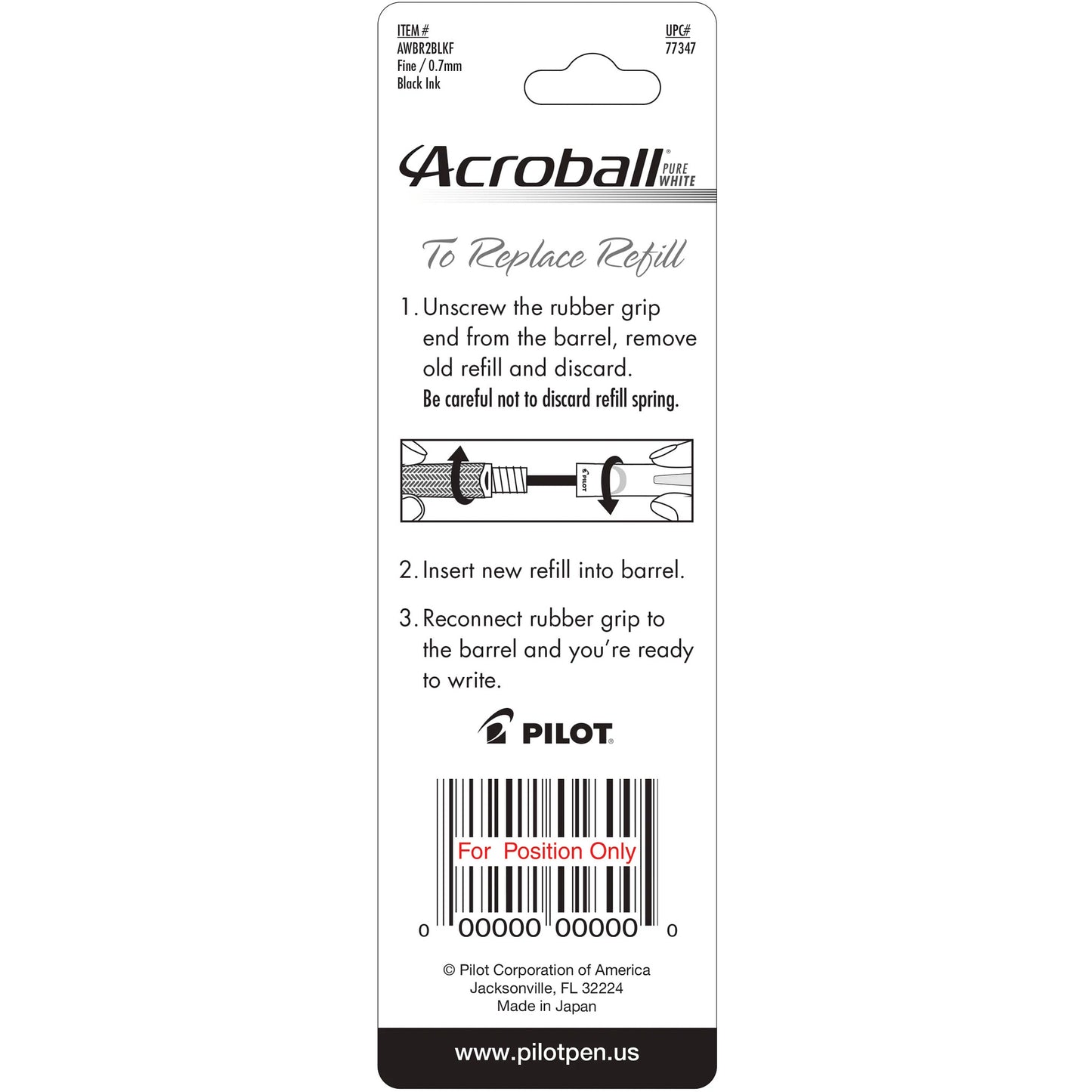 Pilot 77347 Acroball Refill FP, Black, 2pk