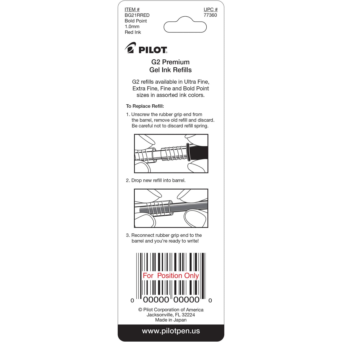 Pilot 77360 BG21R G2 Gel Ink Refills, Bold, Red
