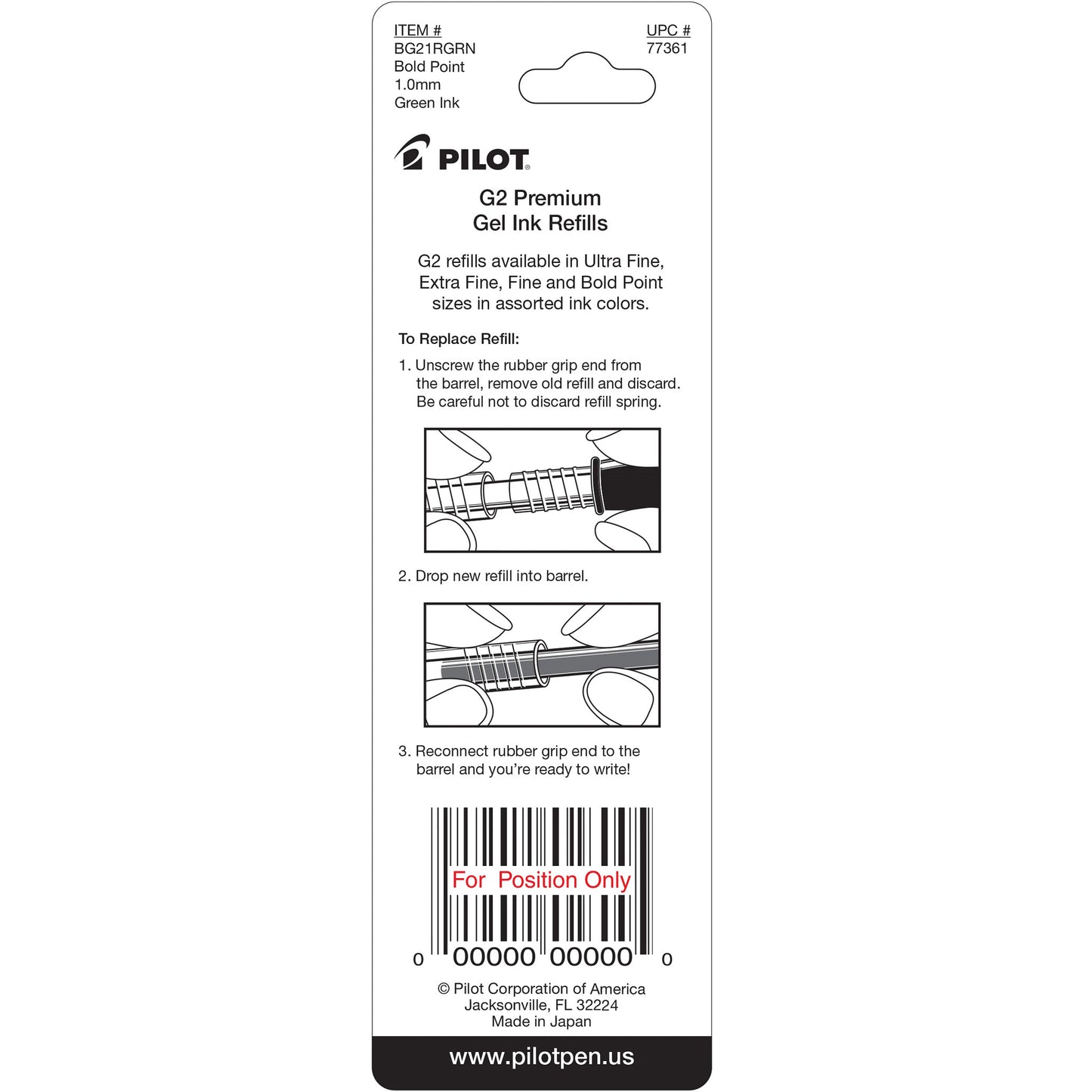 Pilot 77361 BG21R G2 Gel Ink Refills, Bold, Green
