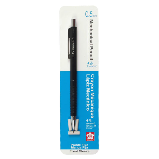 Sakura 50297 Mechanical Pencil, Fixed Sleeve 0.5mm, Black, w/3 Erasers