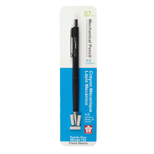 Sakura 50298 Mechanical Pencil, Fixed Sleeve 0.7mm, Black, w/3 Erasers