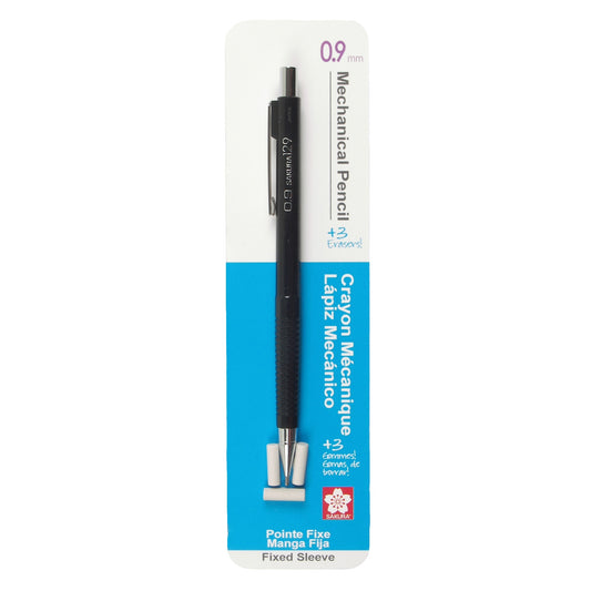 Sakura 50299 Mechanical Pencil, Fixed Sleeve 0.9mm, Black, w/3 Erasers