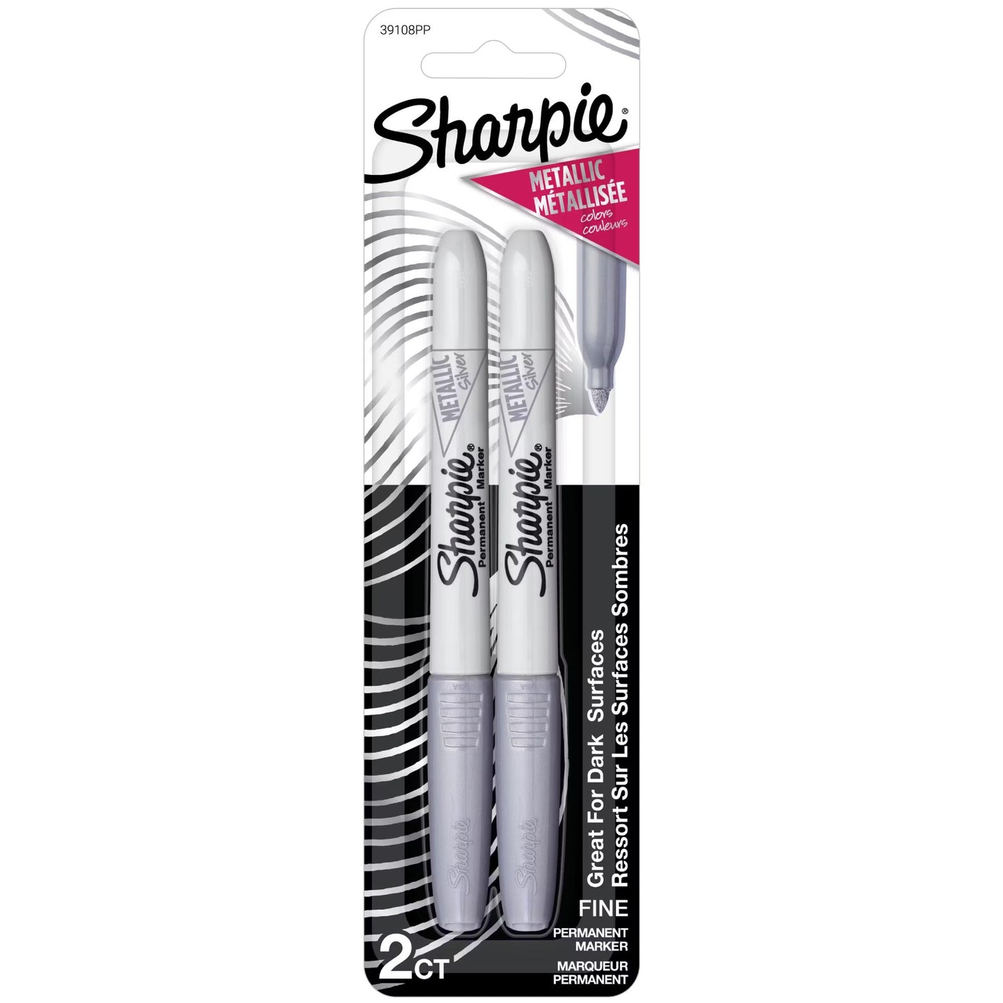 Sharpie 39108 FP Silver Metallic Perm Markers, Silver 2pk
