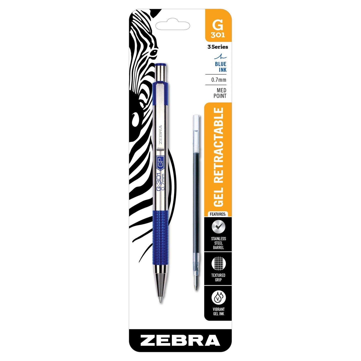 Zebra 41321 G-301 Gel Retractable 0.7mm Blue 1pk with Refill