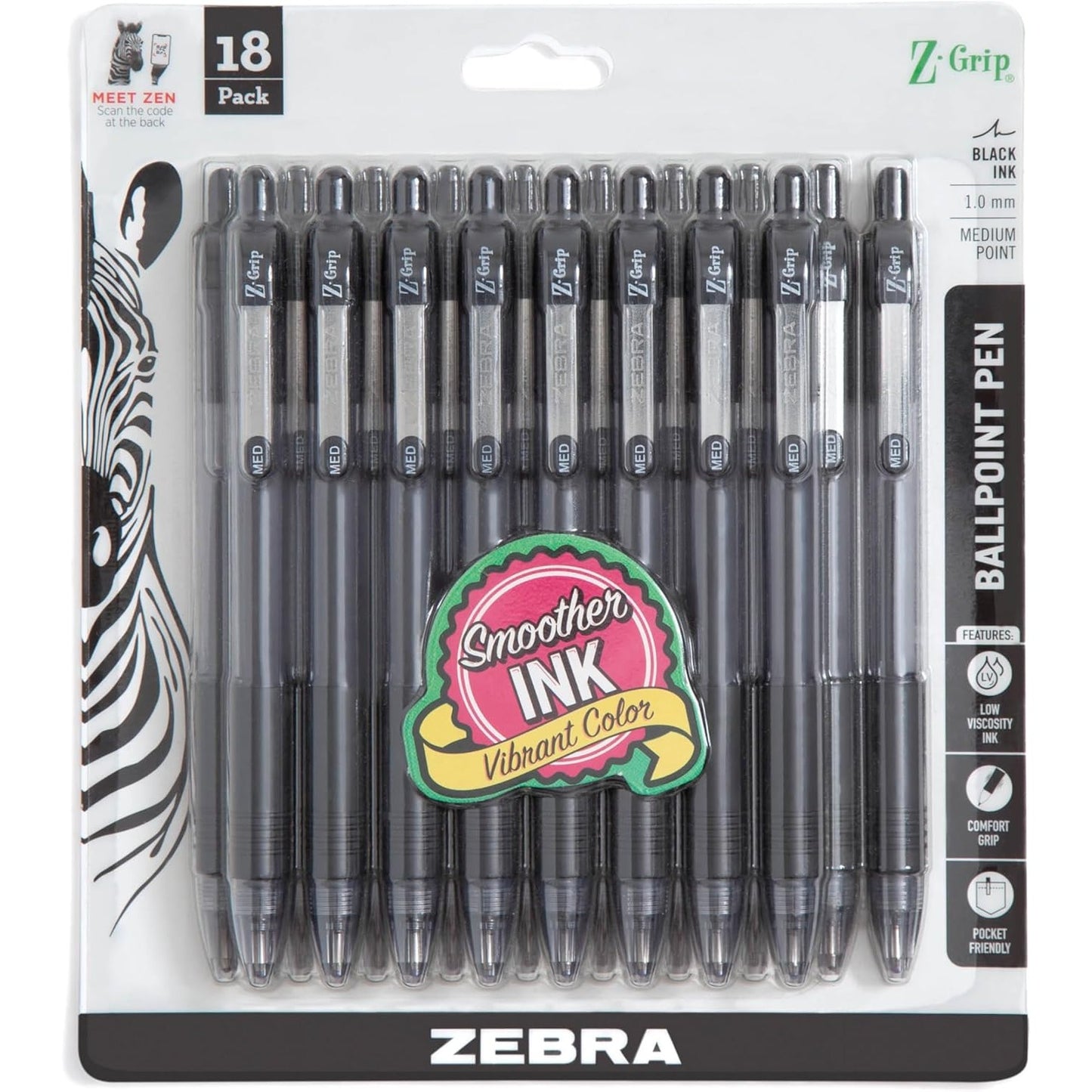 Zebra 22218 Z-Grip Retractable Ballpoint 1.0mm Black 18pk