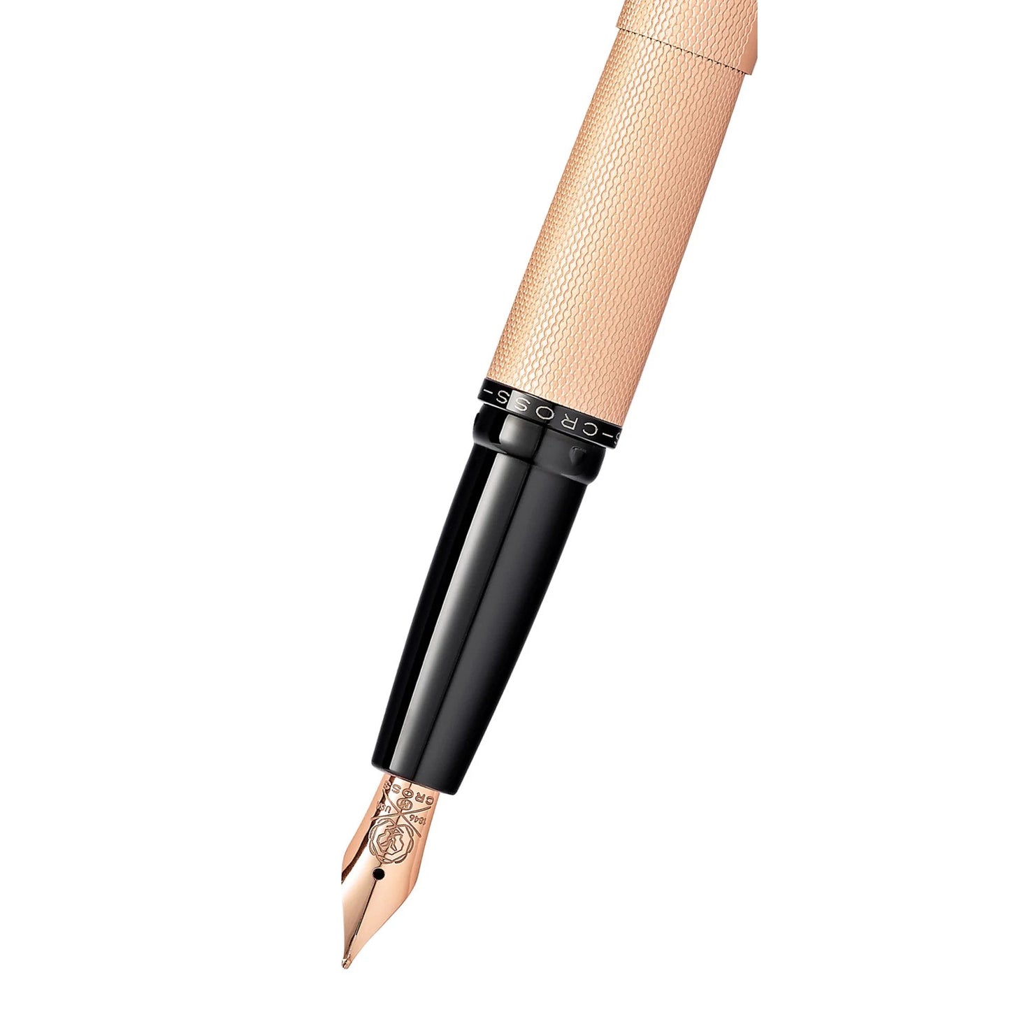 Cross ATX® Brushed Rose Gold with Machine-Turned, Diamond-Pattern Engraving with Polished Black PVD Appointments and Rose Gold PVD Coated Stainless Steel Fine Nib Fountain Pen