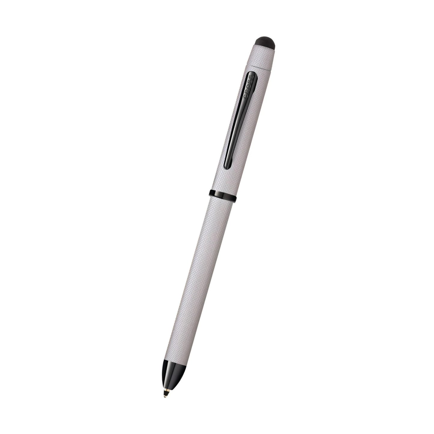 Cross Tech3+ Multi Function Pen. Brushed Chrome with Engraved Engine-Turned Diamond-Pattern Finish with Black PVD Appointments, 0.5mm lead and optional stylus.
