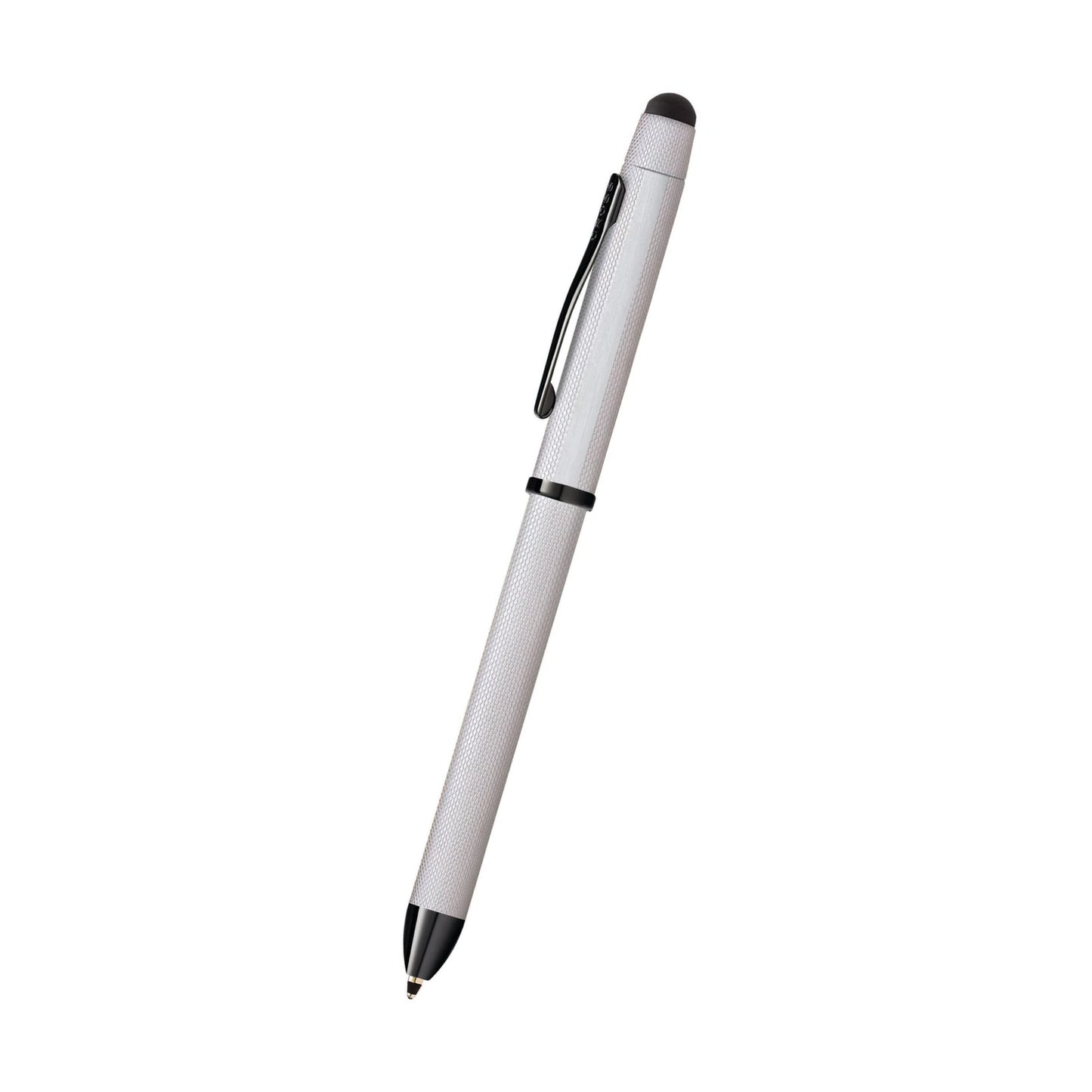 Cross Tech3+ Multi Function Pen. Brushed Chrome with Engraved Engine-Turned Diamond-Pattern Finish with Black PVD Appointments, 0.5mm lead and optional stylus.