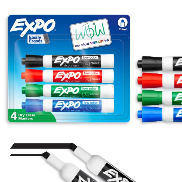 80074 Expo Low Odor Dry Erase Whiteboard Marker, Chisel Tip, Pack of 4 Colors