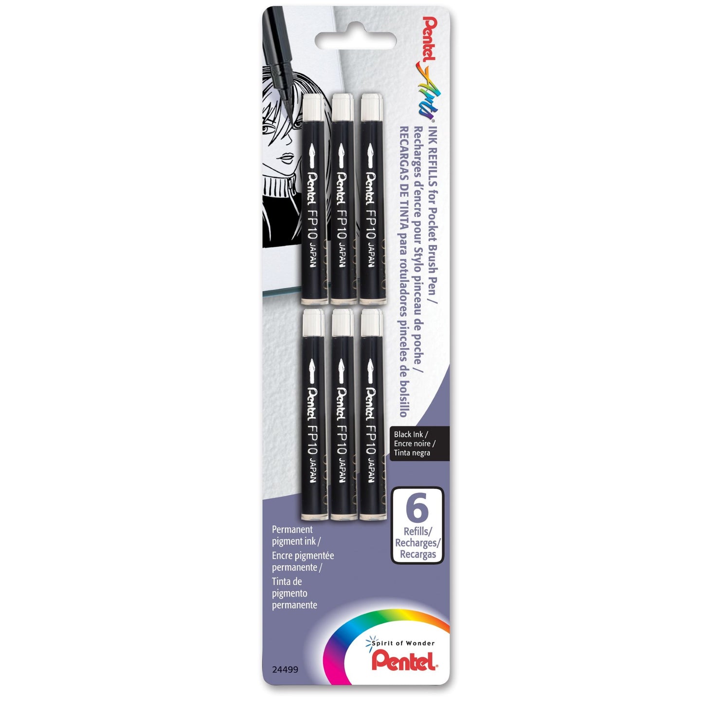 Pentel FP10BP6A Arts Pocket Brush Refills - Black Ink 6-Pk Carded