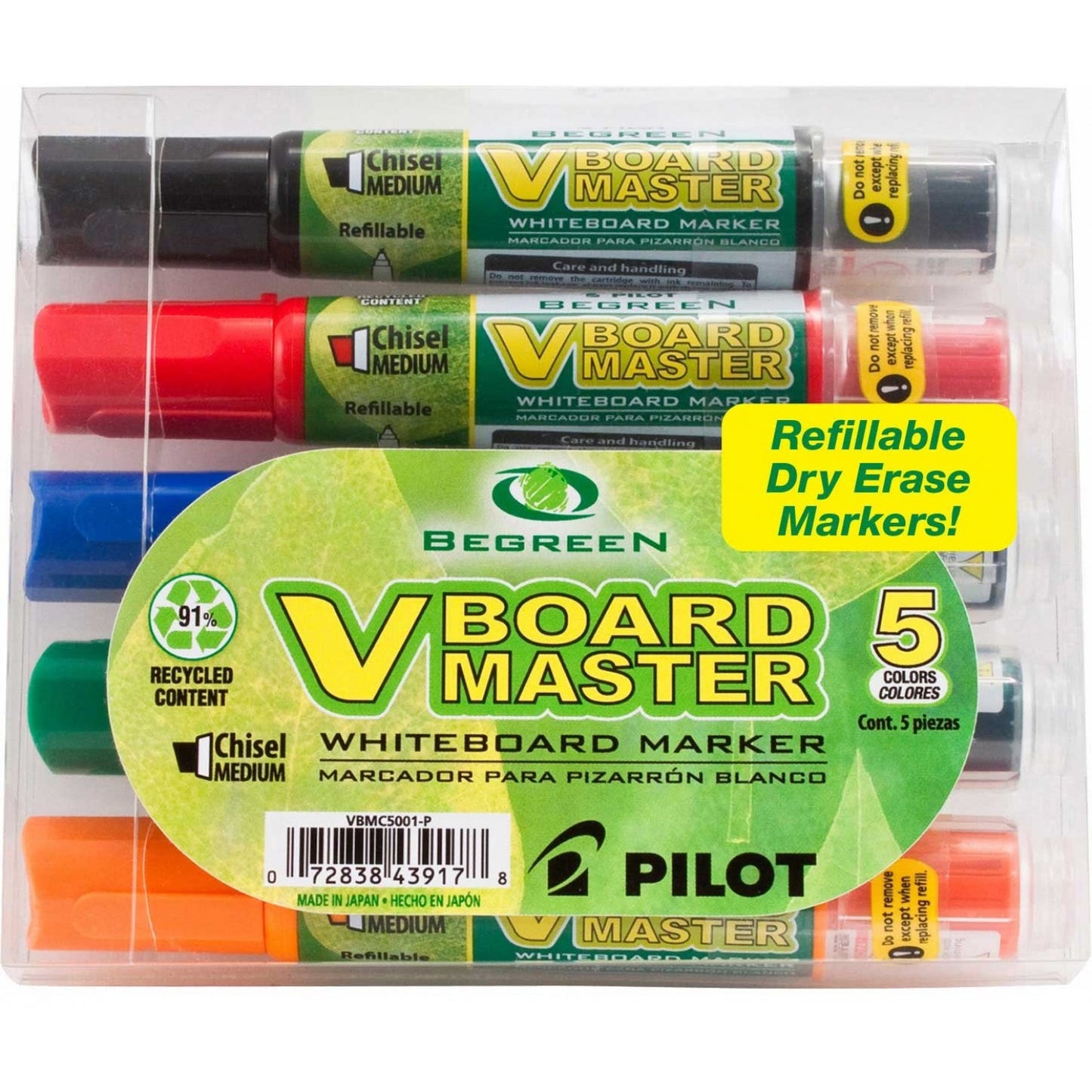 Pilot Vbmc V-Board Master White Board Marker, 5 Pack Chisel
