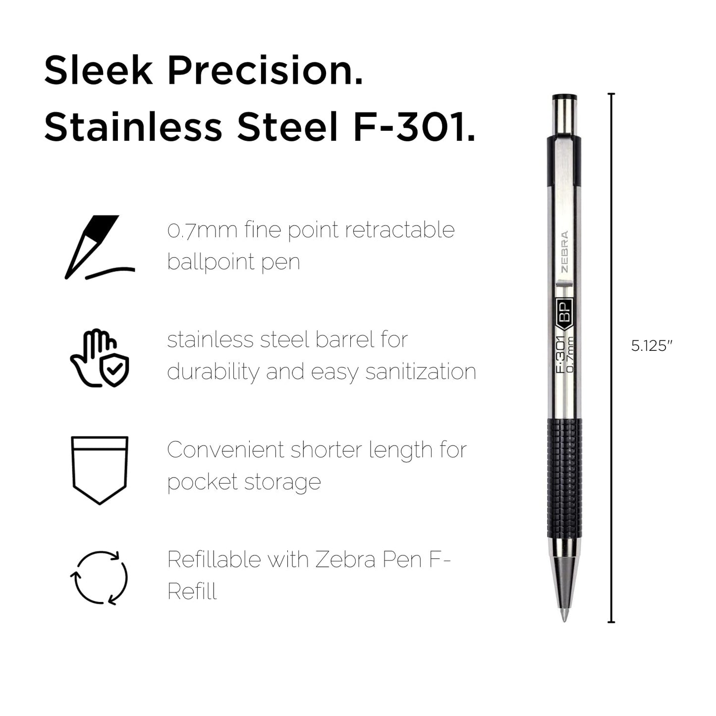 Zebra 27114 F-301 Retractable Ballpoint 0.7mm Black 4pk