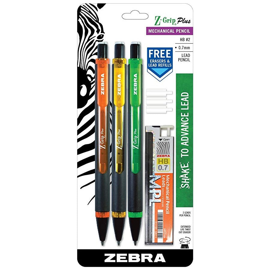Zebra 55703 Z-Grip Plus MP 0.7mm Asst 3pk with Bonus Lead & Erasers