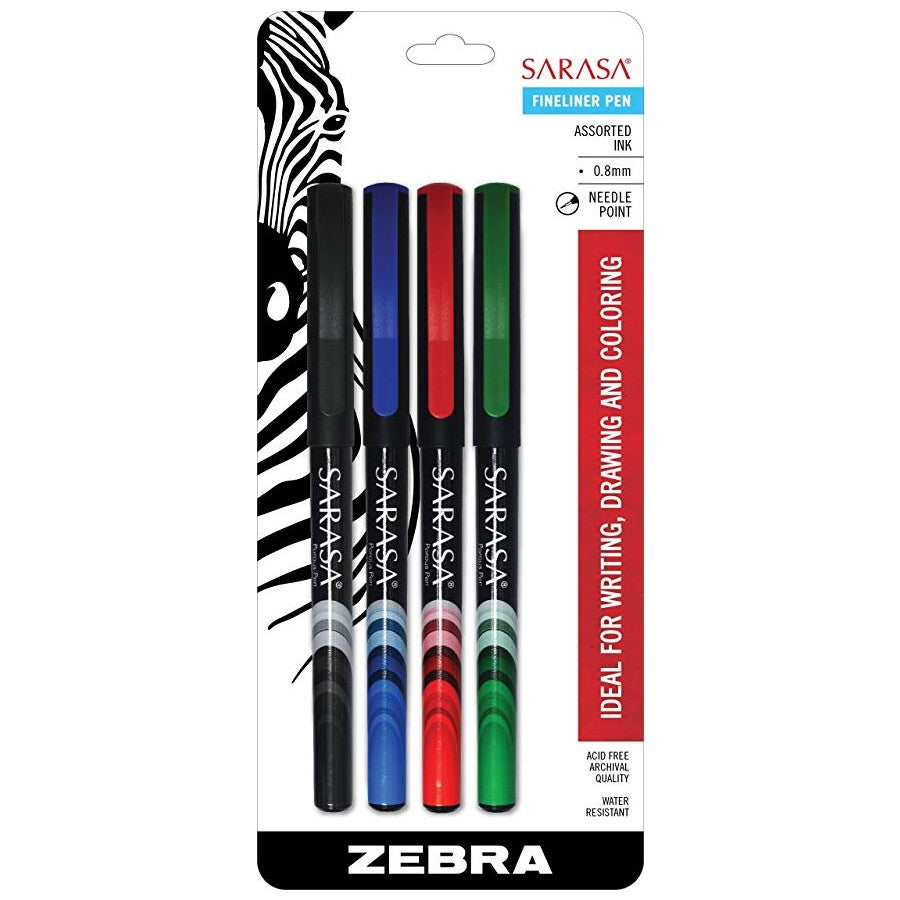 Zebra 66104 Sarasa Fineliner Pen 0.8mm Assorted 4pk