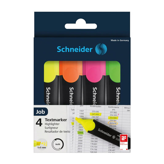 SCHNEIDER JOB, 1-5MM, HIGHLIGHTER,WALLET X 4 (YELLOW, ORANGE, PINK, GREEN)
