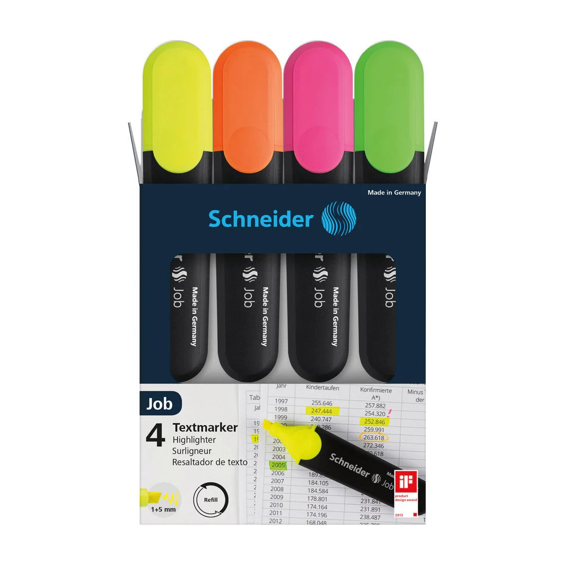 SCHNEIDER JOB, 1-5MM, HIGHLIGHTER,WALLET X 4 (YELLOW, ORANGE, PINK, GREEN)