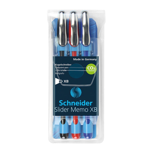 SCHNEIDER SLIDER MEMO, BALLPOINT PEN, WALLET X 3, ASSORTED (BLACK, RED, BLUE), XB