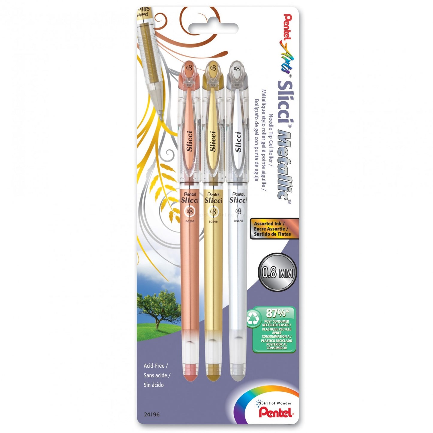 Pentel Slicci Metallic Extra Fine Gel Roller, 3/Pk Assort
