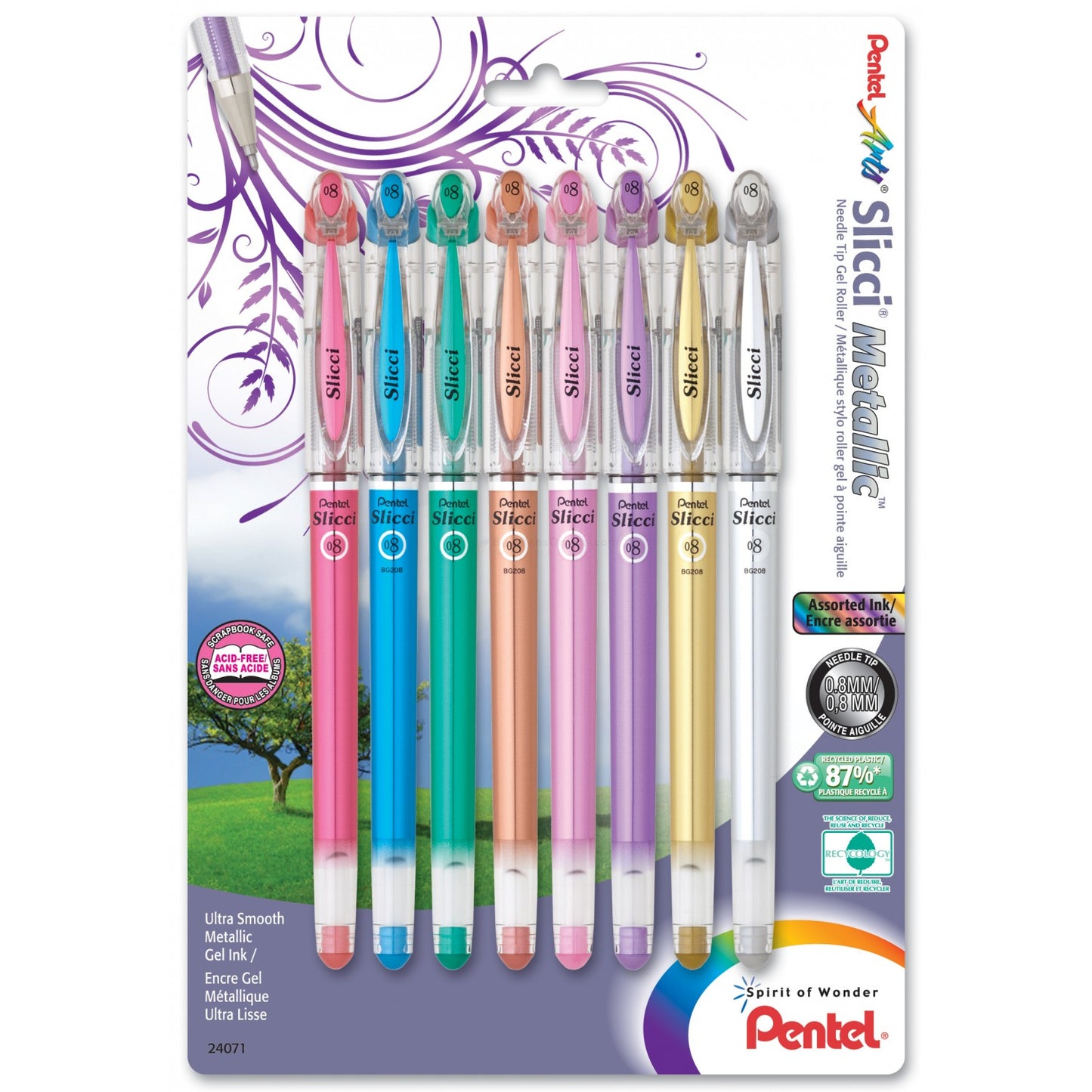 Pentel Slicci Metallic Extra Fine Gel Roller, 8/Pk Assort