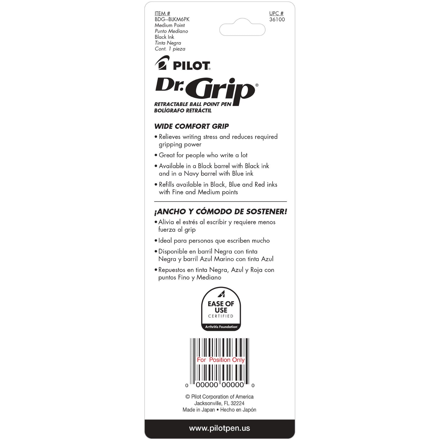 Pilot 36100 BDG Dr. Grip Ball-Point Pen, Black Barrel, Black Ink, Medium Pt