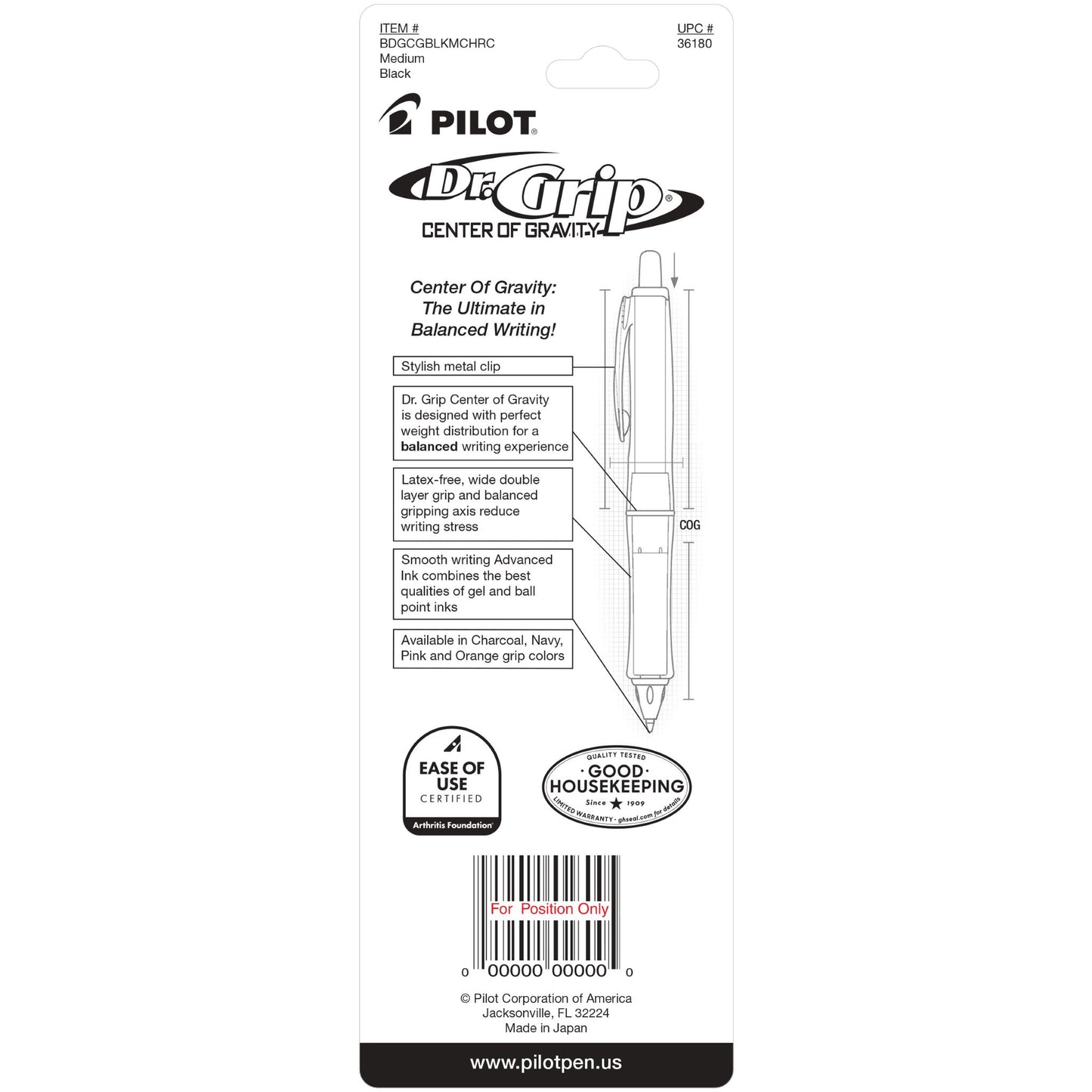 Pilot 36180 BDGCG Dr Grip Center of Gravity Retractable Ball Point, Charcoal Gray Grip, Med Pt