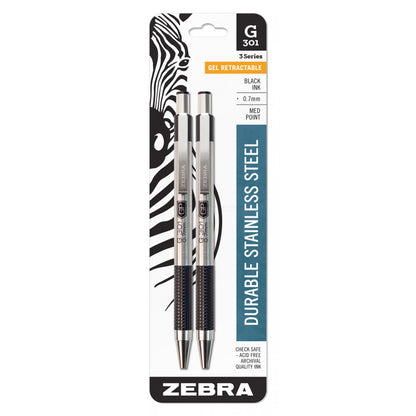 Zebra Pen G-301 Stainless Steel Retractable Gel Pen, Medium Point, 0.7Mm, Black Ink, 2-Count